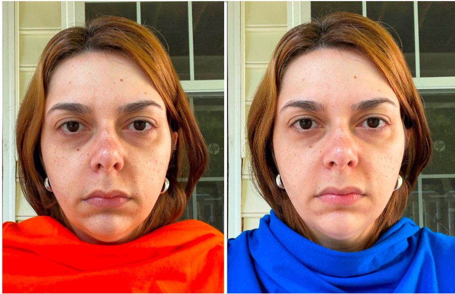 A mesma mulher fotografada com uma blusa laranja e depois com uma azul,
                na mesma luz e sem maquiagem. Com a blusa azul o rosto parece mais desperto.